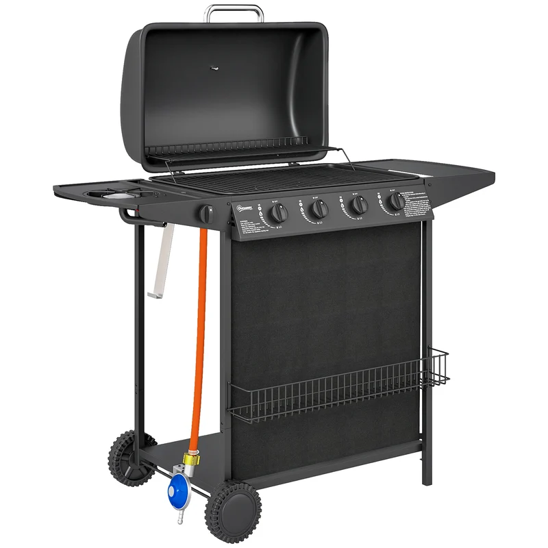 Outsunny Barbacoa De Gas Con 4+1 Quemadores 12 Kw Termómetro Mesa Lateral Negro