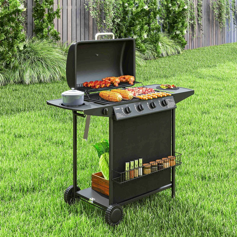 Outsunny Barbacoa De Gas Con 4+1 Quemadores 12 Kw Termómetro Mesa Lateral Negro