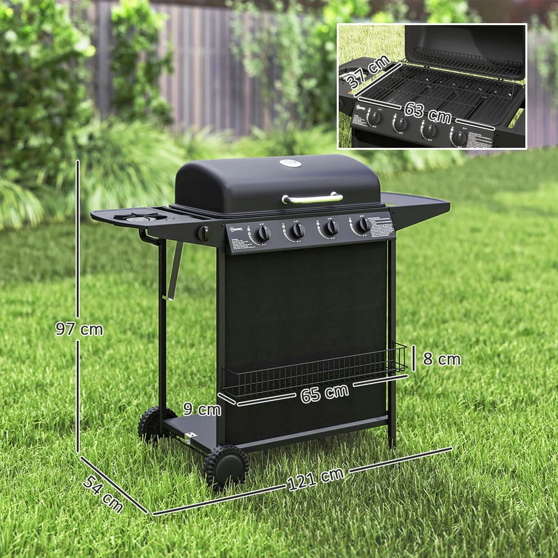 Outsunny Barbacoa De Gas Con 4+1 Quemadores 12 Kw Termómetro Mesa Lateral Negro