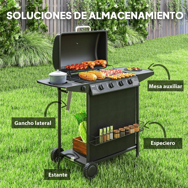 Outsunny Barbacoa De Gas Con 4+1 Quemadores 12 Kw Termómetro Mesa Lateral Negro