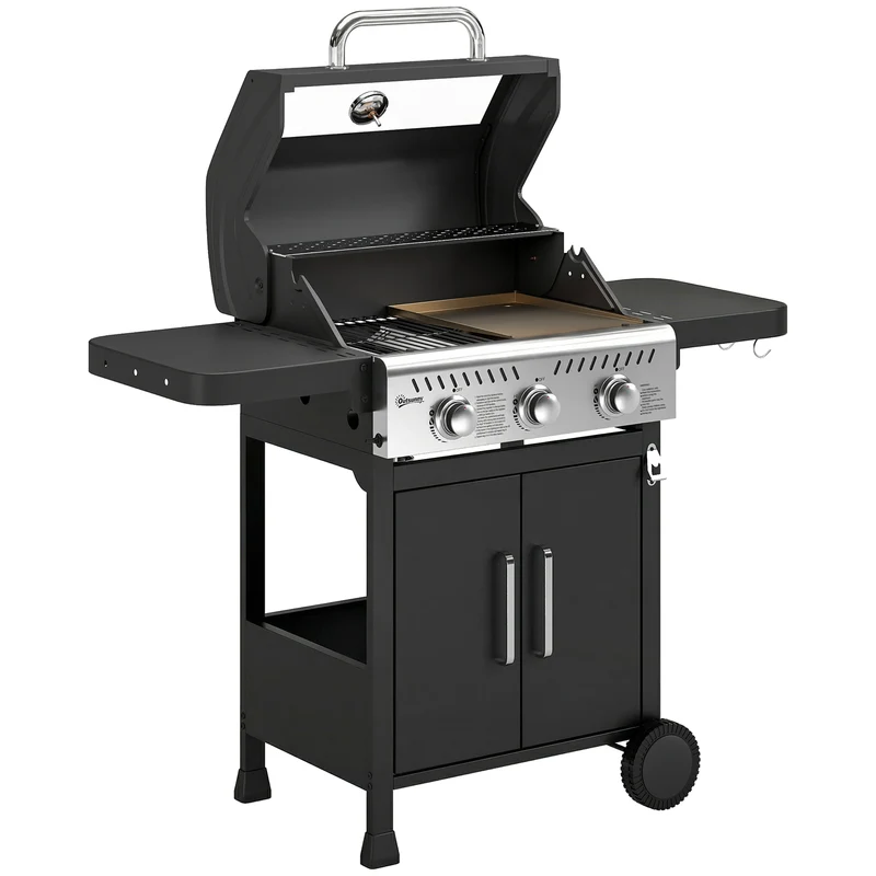 Outsunny Barbacoa De Gas Con 3 Quemadores 7,5 Kw Termómetro Mesas Laterales