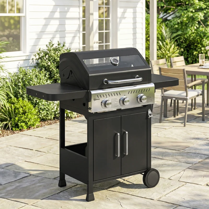 Outsunny Barbacoa De Gas Con 3 Quemadores 7,5 Kw Termómetro Mesas Laterales