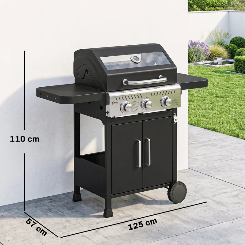 Outsunny Barbacoa De Gas Con 3 Quemadores 7,5 Kw Termómetro Mesas Laterales