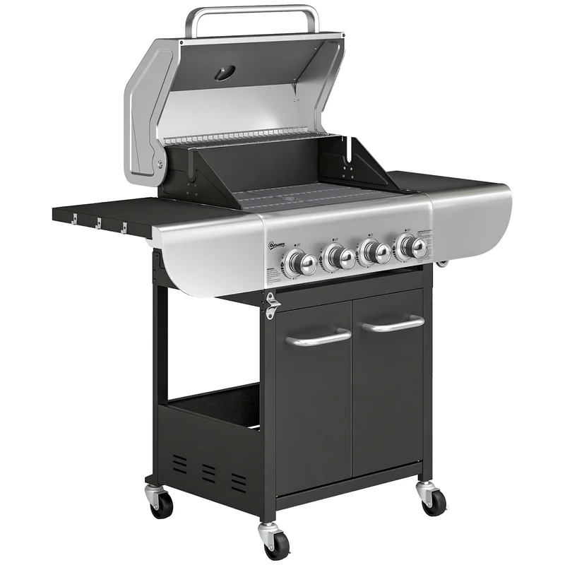 Outsunny Barbacoa De Gas Con 4 Quemadores 12,8 Kw Termómetro Mesas Laterales
