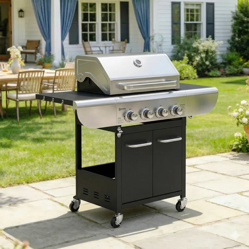 Outsunny Barbacoa De Gas Con 4 Quemadores 12,8 Kw Termómetro Mesas Laterales
