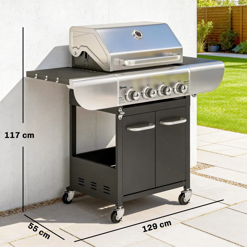 Outsunny Barbacoa De Gas Con 4 Quemadores 12,8 Kw Termómetro Mesas Laterales