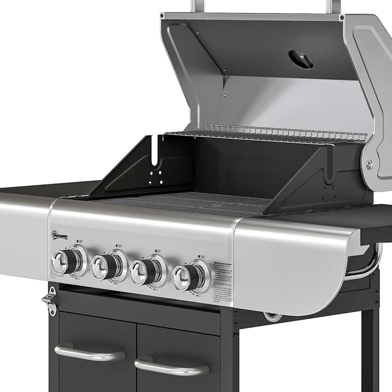 Outsunny Barbacoa De Gas Con 4 Quemadores 12,8 Kw Termómetro Mesas Laterales