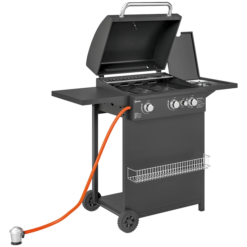 Outsunny Barbacoa De Gas Con 3+1 Quemadores 8,5 Kw Termómetro Mesa Lateral Negro