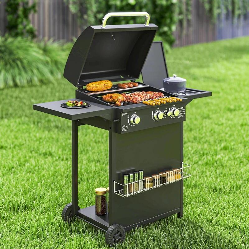 Outsunny Barbacoa De Gas Con 3+1 Quemadores 8,5 Kw Termómetro Mesa Lateral Negro