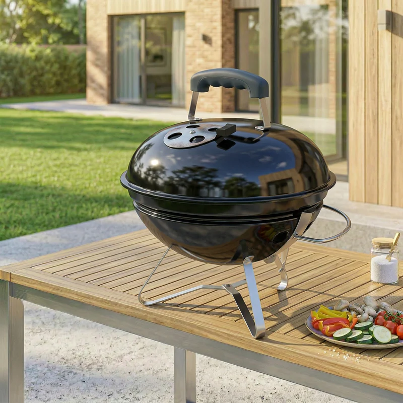 Outsunny Barbacoa De Carbón Portátil Redonda Con Rejilla Tapa Con Soporte Negro