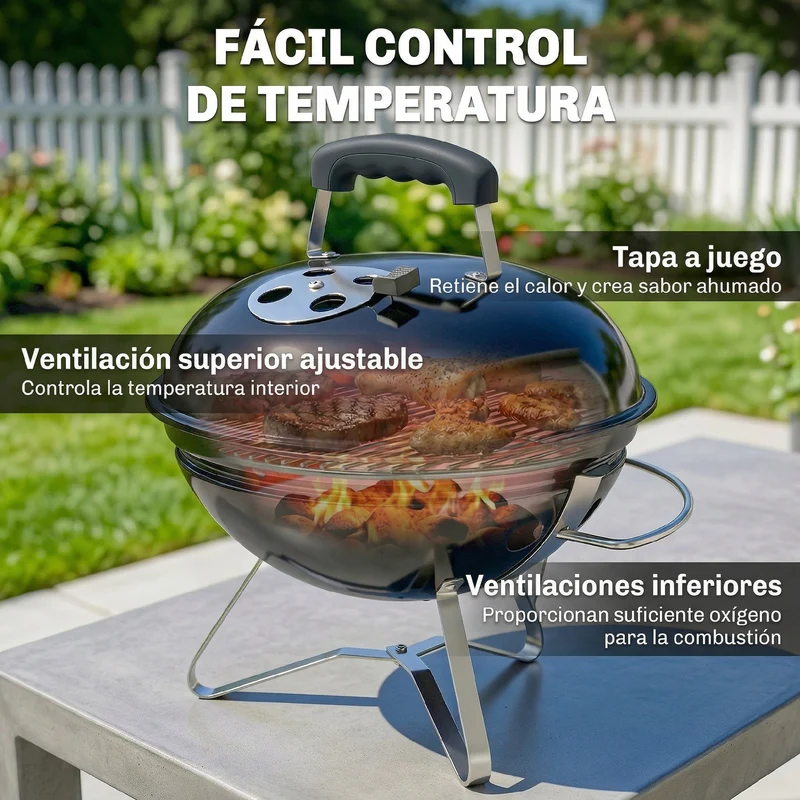 Outsunny Barbacoa De Carbón Portátil Redonda Con Rejilla Tapa Con Soporte Negro