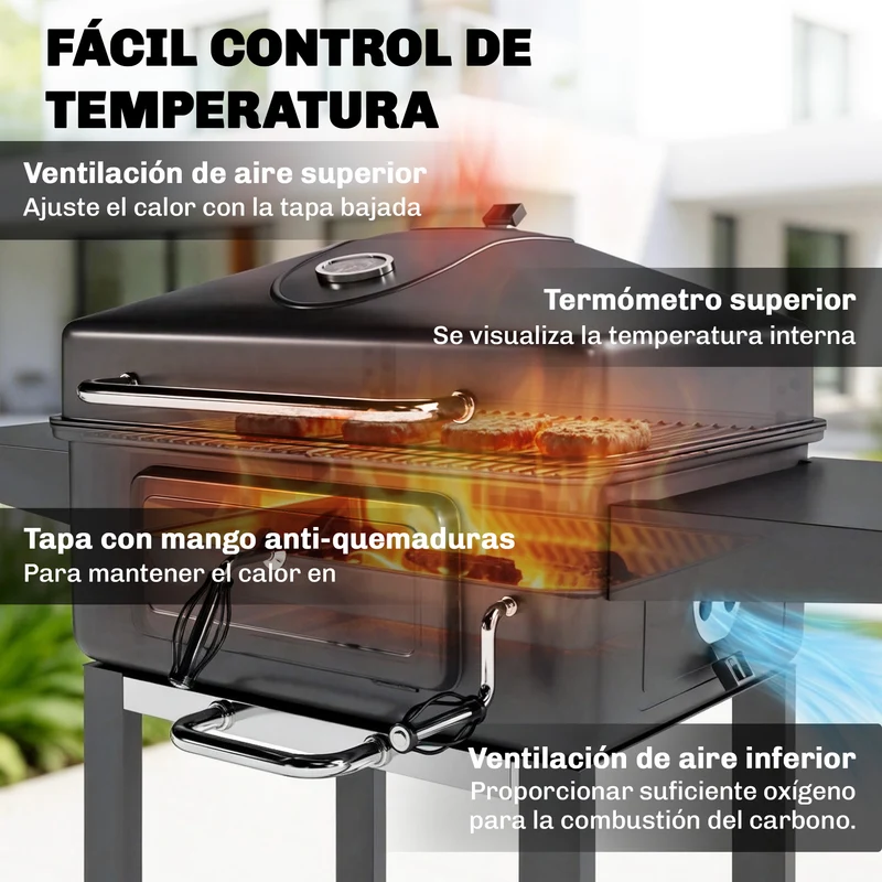 Outsunny Barbacoa De Carbón Con Tapa Bandeja Ajustable Estantes Puerta Ruedas