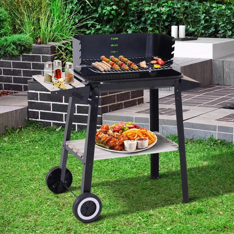 Outsunny Barbacoa Carbón Altura Parrillas Ajustable Estantes Ruedas 83x46x87 Cm