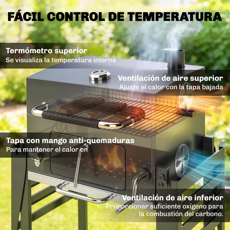 Outsunny Barbacoa De Carbón Con Tapa Bandeja Ajustable Estantes Plegables Ruedas