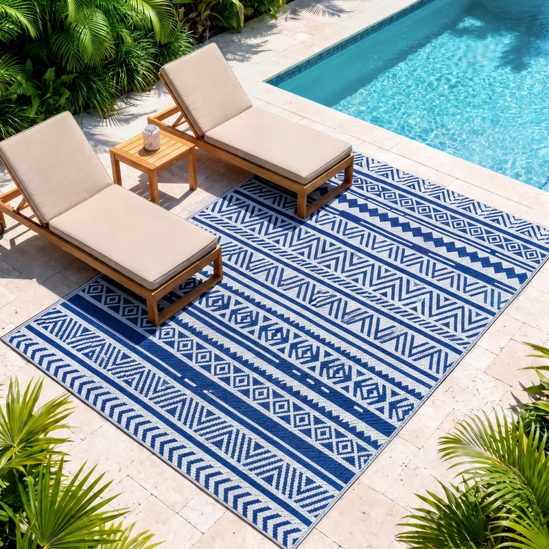 Outsunny Alfombra De Exterior 182x274 Cm Estilo Moderno Azul Oscuro Y Blanco