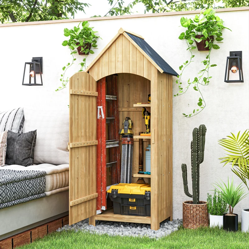 Outsunny Caseta Jardín Exterior De Madera 77,5x54,2x179,5 Cm 0,3 M² Con Estantes