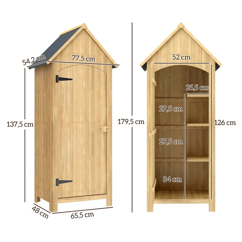Outsunny Caseta Jardín Exterior De Madera 77,5x54,2x179,5 Cm 0,3 M² Con Estantes