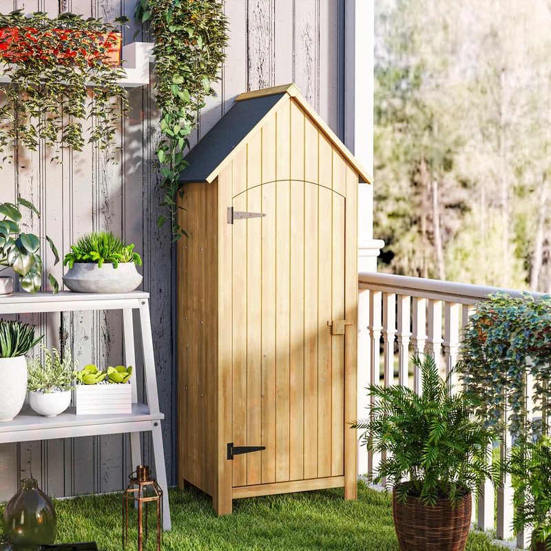 Outsunny Caseta Jardín Exterior De Madera 77,5x54,2x179,5 Cm 0,3 M² Con Estantes
