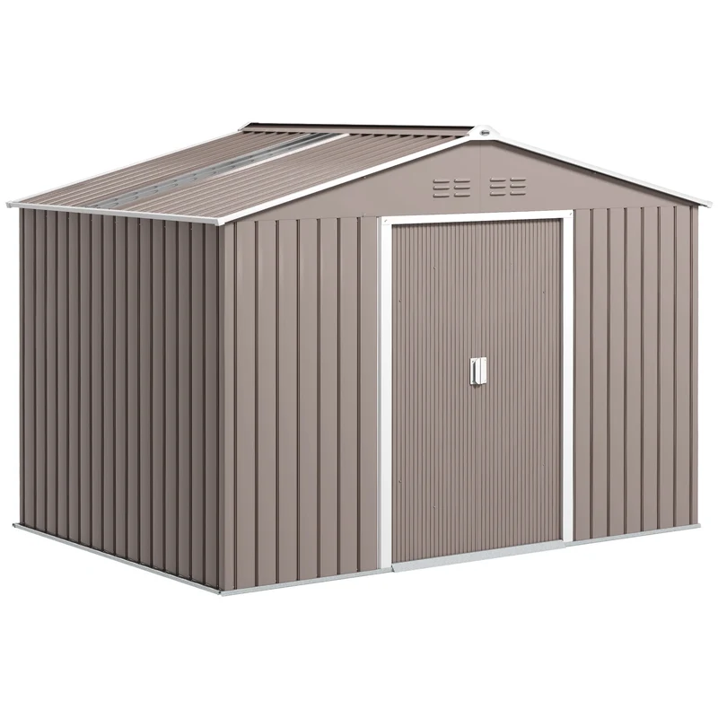 Outsunny Caseta De Jardín 4,9 M² 277x195x192 Cm Con Puerta Corredera Gris Claro