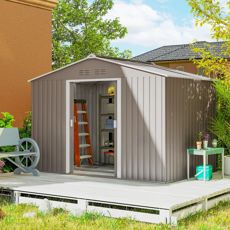 Outsunny Caseta De Jardín 4,9 M² 277x195x192 Cm Con Puerta Corredera Gris Claro