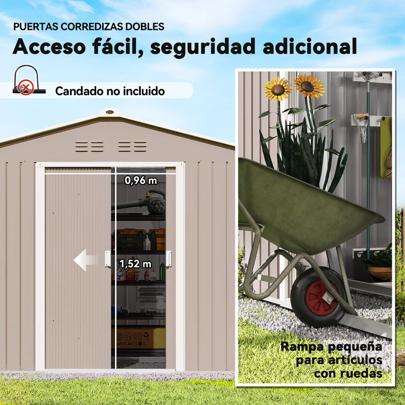 Outsunny Caseta De Jardín 4,9 M² 277x195x192 Cm Con Puerta Corredera Gris Claro