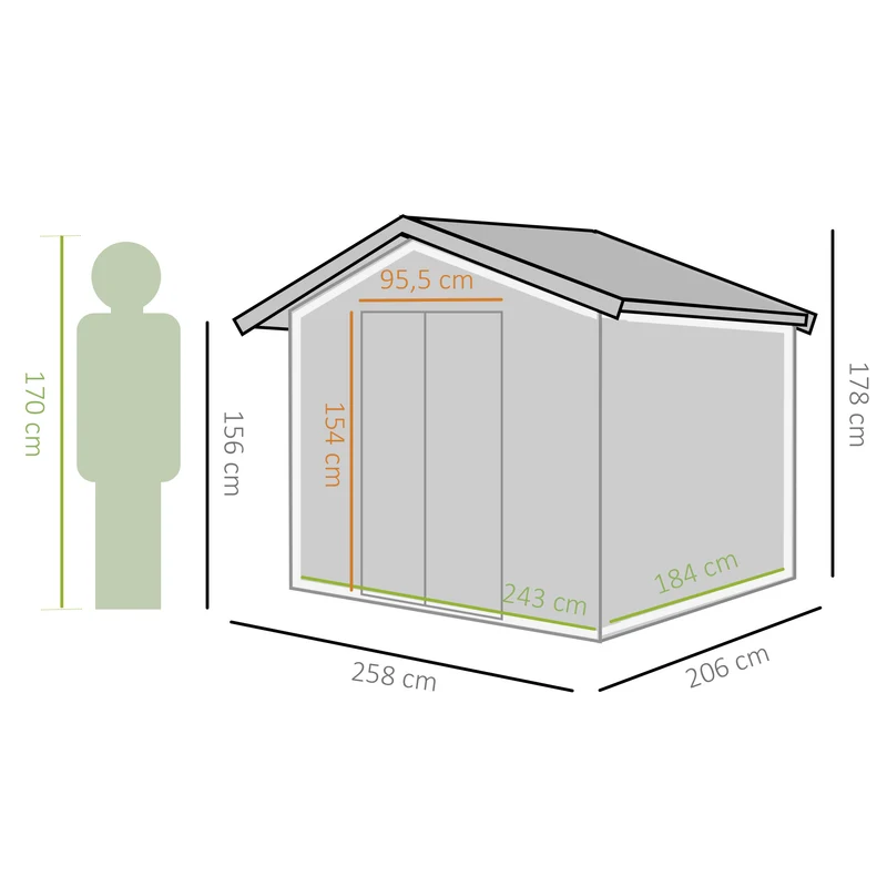 Outsunny Cobertizo De Jardín 258x206x178cm 5,3m² Metálico Con Puertas Correderas