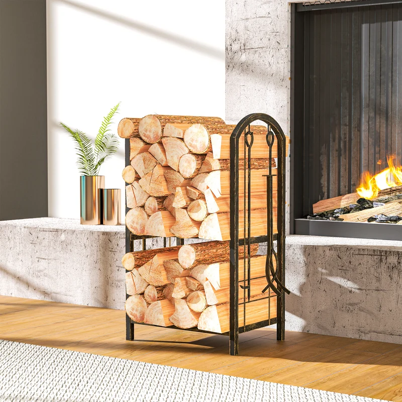 Outsunny Estante De Leña De Metal De 2 Niveles Con 4 Herramientas Para Chimenea