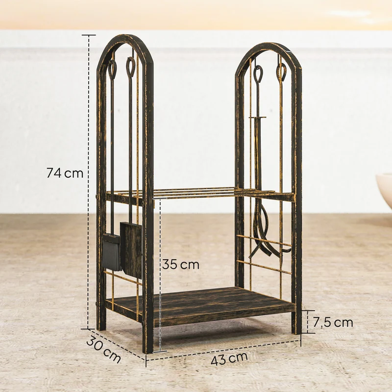 Outsunny Estante De Leña De Metal De 2 Niveles Con 4 Herramientas Para Chimenea