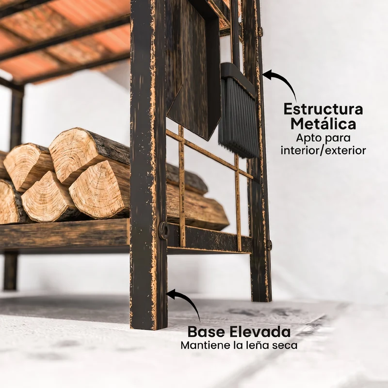 Outsunny Estante De Leña De Metal De 2 Niveles Con 4 Herramientas Para Chimenea