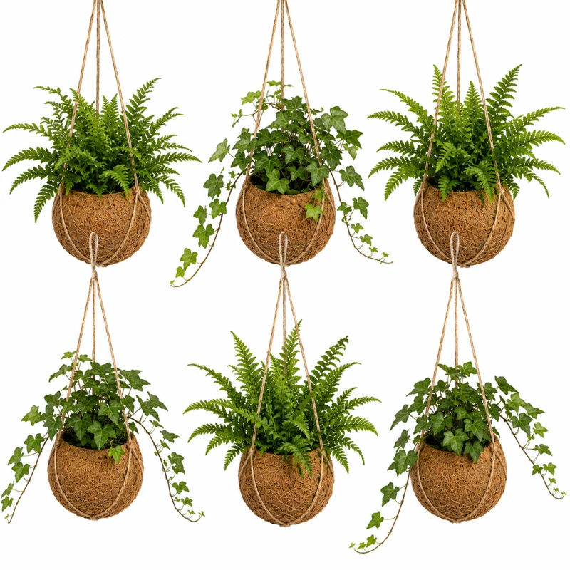 Plantas Colgantes De Coco - 6 Uds - Mix Hedera Y Helecho - Ø12 Cm