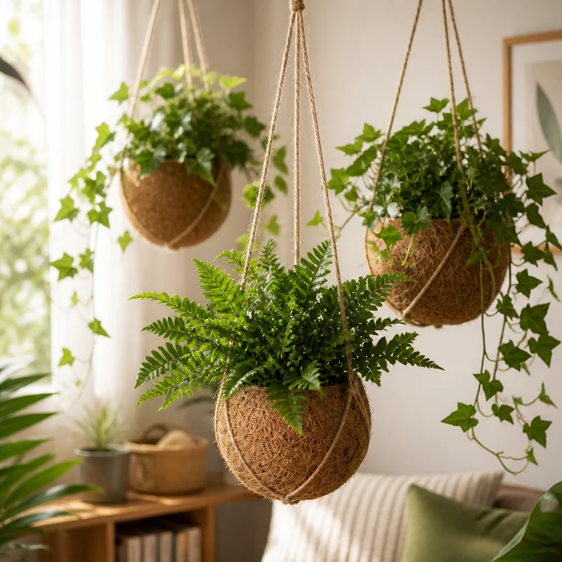 Plantas Colgantes De Coco - 6 Uds - Mix Hedera Y Helecho - Ø12 Cm