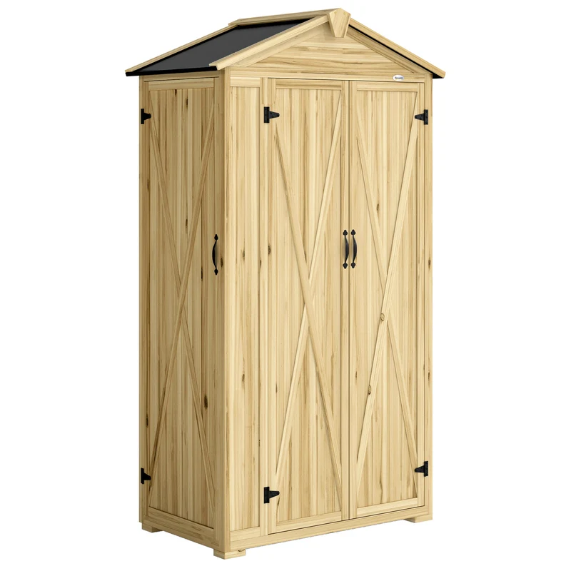 Outsunny Caseta De Jardín De Madera 93x53x168 Cm Con 4 Estantes Y 3 Puertas