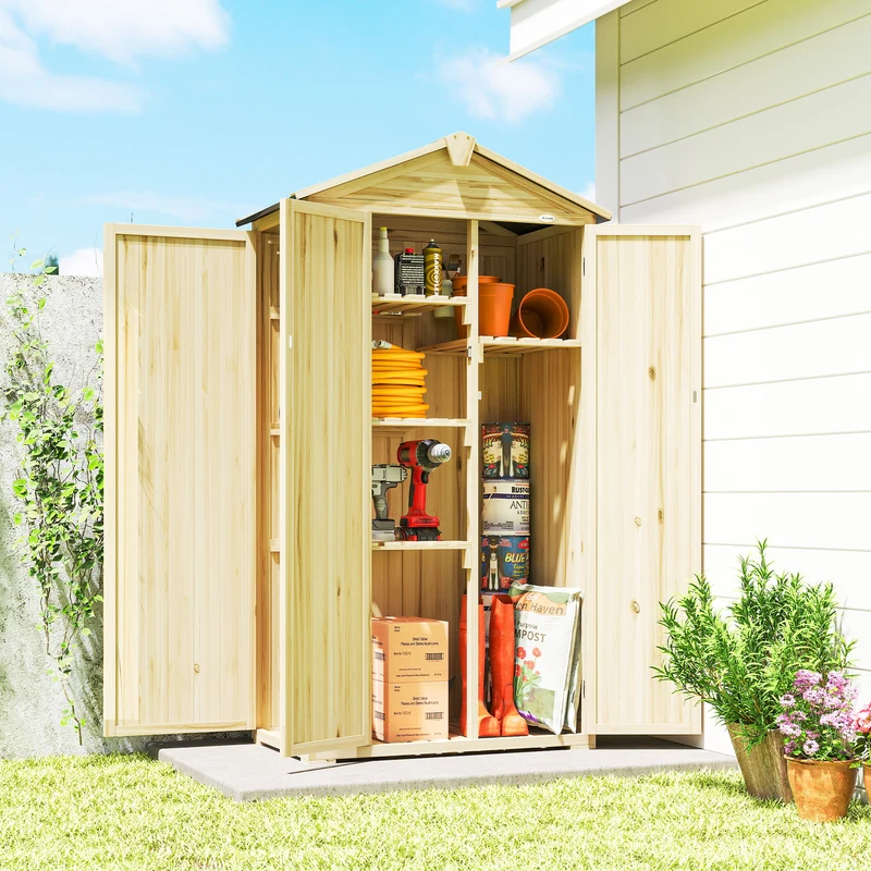 Outsunny Caseta De Jardín De Madera 93x53x168 Cm Con 4 Estantes Y 3 Puertas