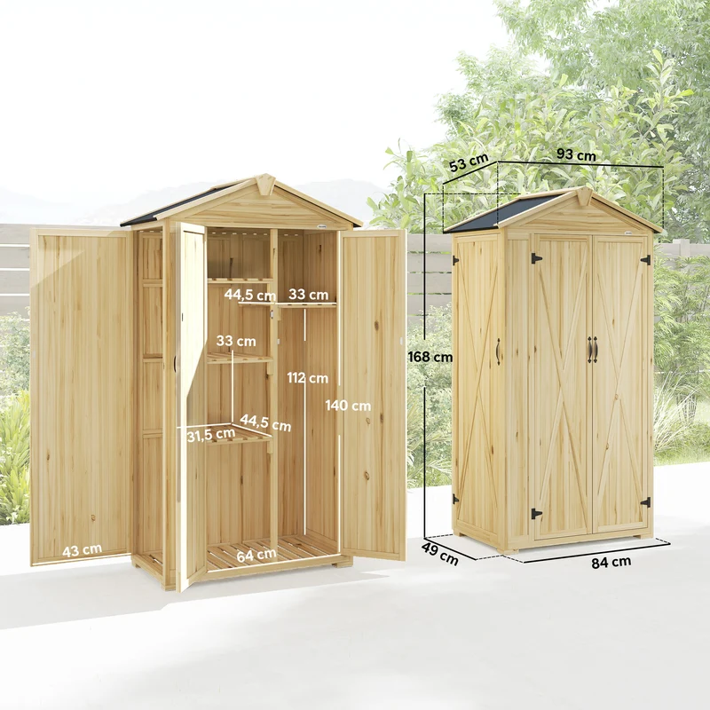 Outsunny Caseta De Jardín De Madera 93x53x168 Cm Con 4 Estantes Y 3 Puertas