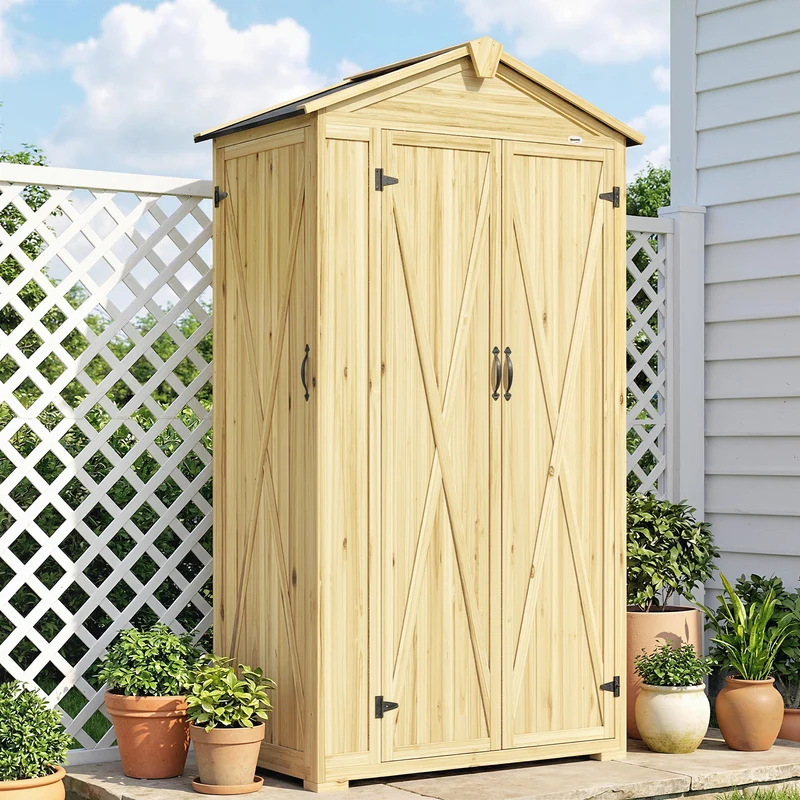 Outsunny Caseta De Jardín De Madera 93x53x168 Cm Con 4 Estantes Y 3 Puertas