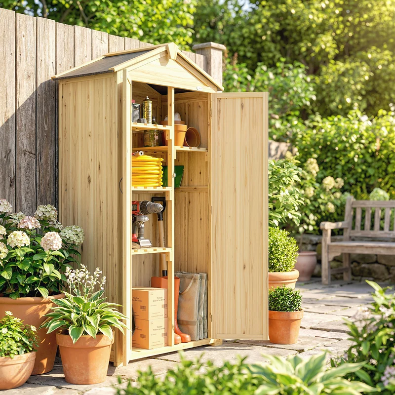 Outsunny Caseta De Jardín De Madera 93x53x168 Cm Con 4 Estantes Y 3 Puertas