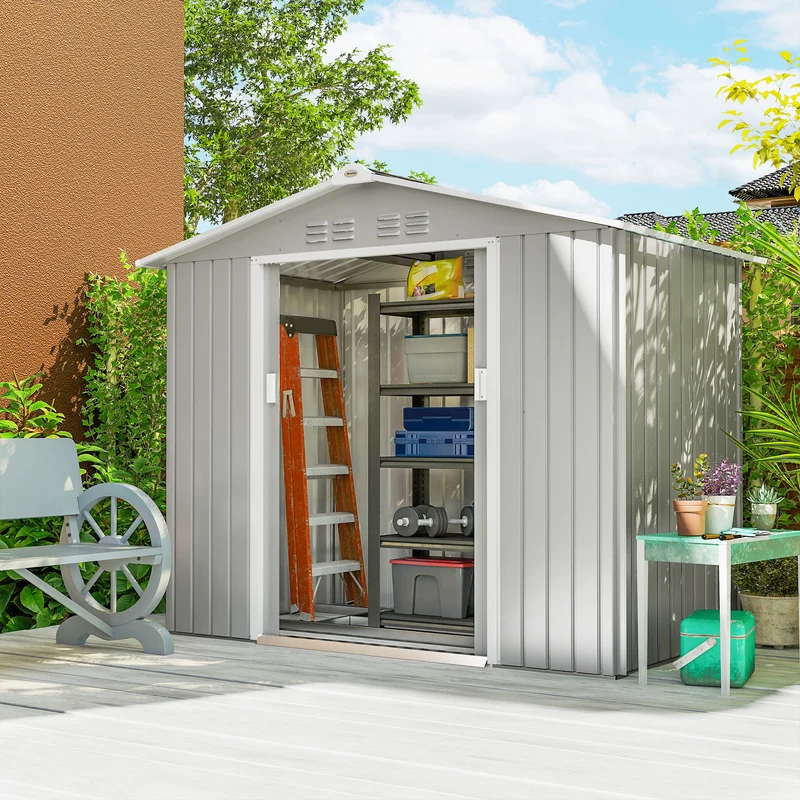 Outsunny Caseta De Jardín 213x130x185 Cm Con 2 Puertas Correderas Y 4 Ventanas