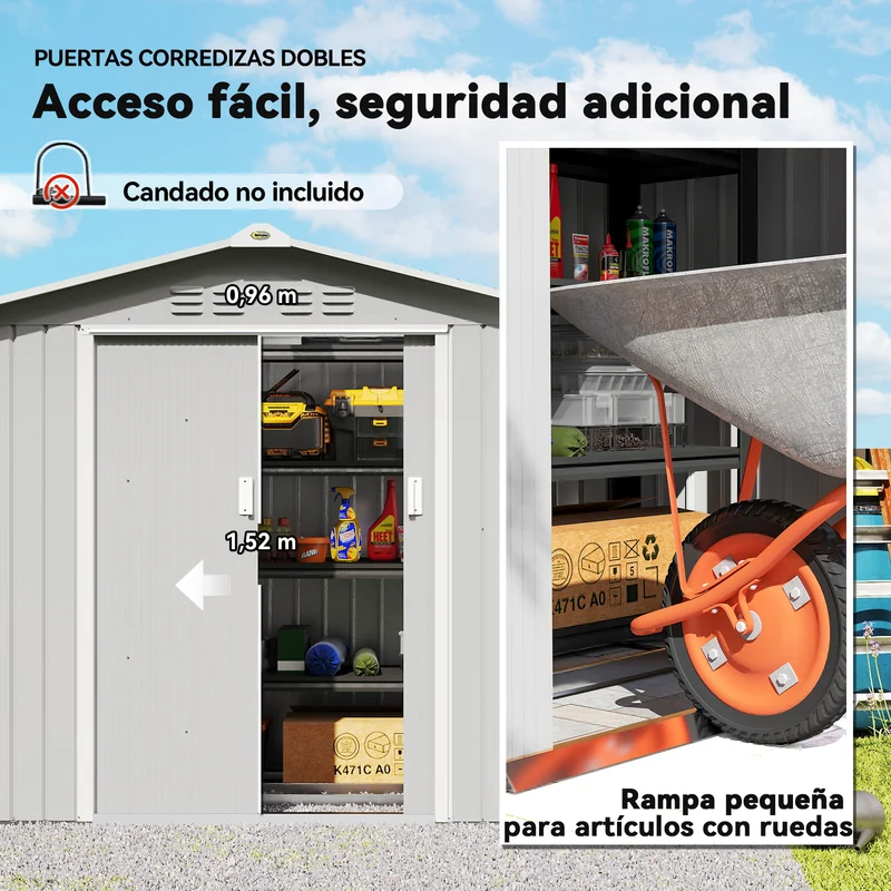 Outsunny Caseta De Jardín 213x130x185 Cm Con 2 Puertas Correderas Y 4 Ventanas