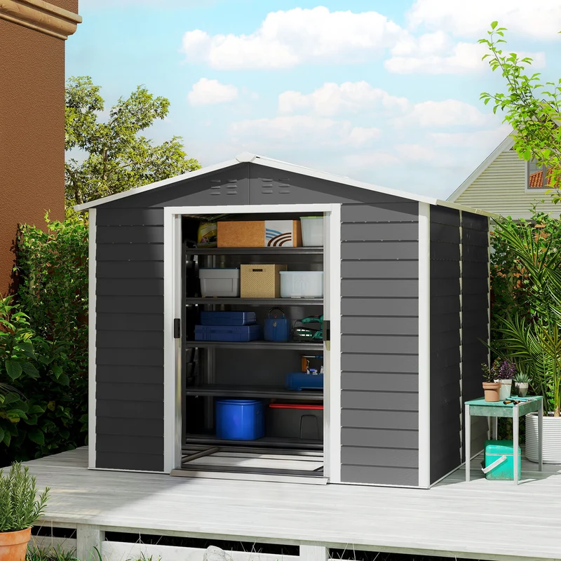 Outsunny Caseta De Jardín Exterior 4,4 M² 240x206x198 Cm Puerta Corredera Gris