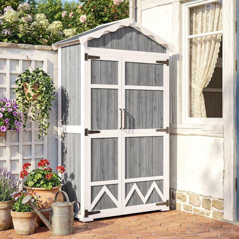 Outsunny Caseta De Jardín De Madera 105x55x179 Cm Con 4 Estantes Extraíbles