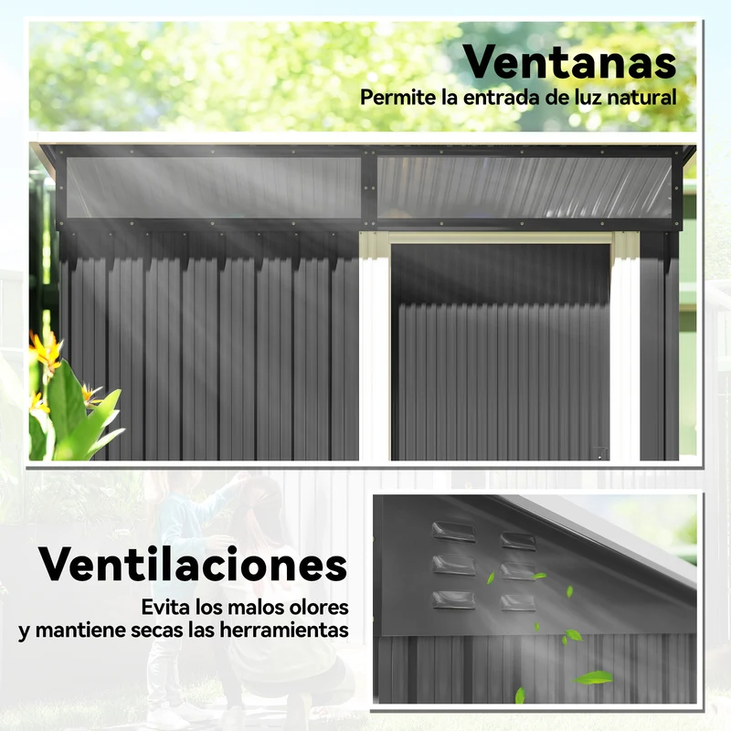 Outsunny Caseta De Jardín Exterior 1,9m² 195x122x182 Cm Con Base Refuerzo Gris