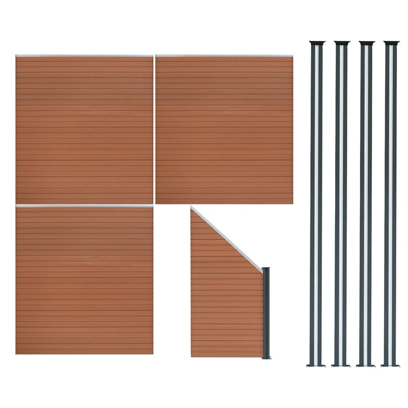 Vallas Para Exteriores De Wpc Y Aluminio - 3x Paneles Cuadrados + 1x Oblicuo + 4x Postes Con Led | Marrón
