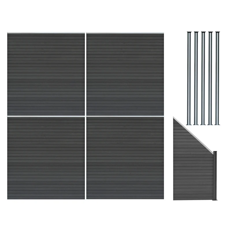 Vallas Para Exteriores De Wpc Y Aluminio - 4x Paneles Cuadrados + 1x Oblicuo + 5x Postes Con Led | Gris