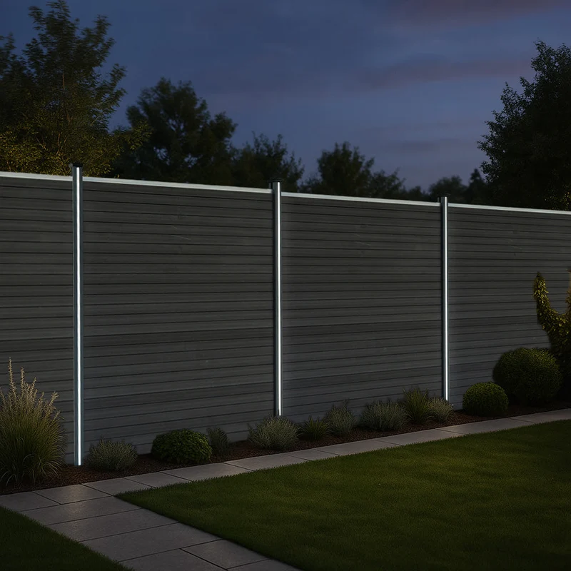 Vallas Para Exteriores De Wpc Y Aluminio - 4x Paneles Cuadrados + 1x Oblicuo + 5x Postes Con Led | Gris