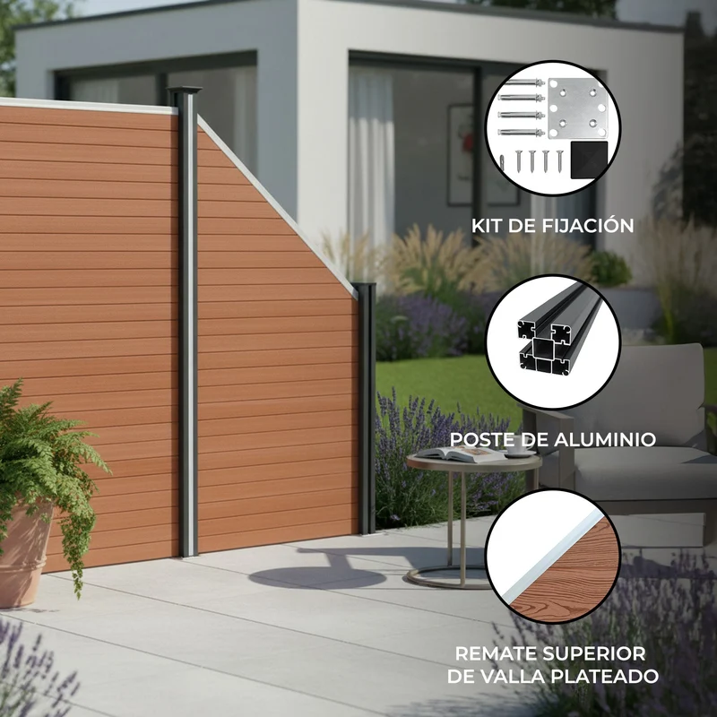 Vallas Para Exteriores De Wpc Y Aluminio - 1x Panel Oblicuo + 1x Poste | Marrón