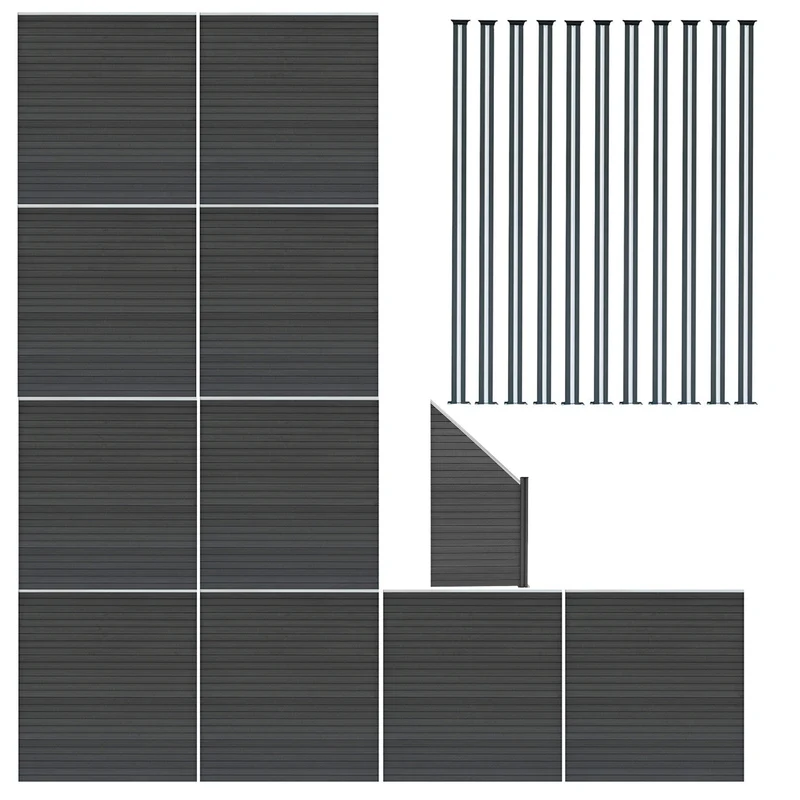 Vallas Para Exteriores De Wpc Y Aluminio - 10x Paneles Cuadrados + 1x Oblicuo + 11x Postes Con Led | Gris