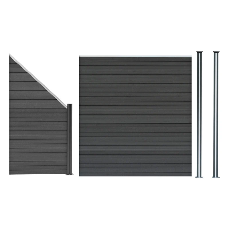 Vallas Para Exteriores De Wpc Y Aluminio - 1x Panel Cuadrado + 1x Oblicuo + 2x Postes Con Led | Gris