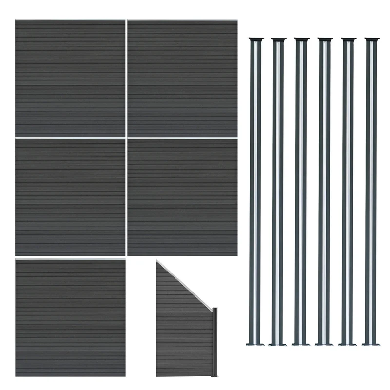 Vallas Para Exteriores De Wpc Y Aluminio - 5x Paneles Cuadrados + 1x Oblicuo + 6x Postes Con Led | Gris