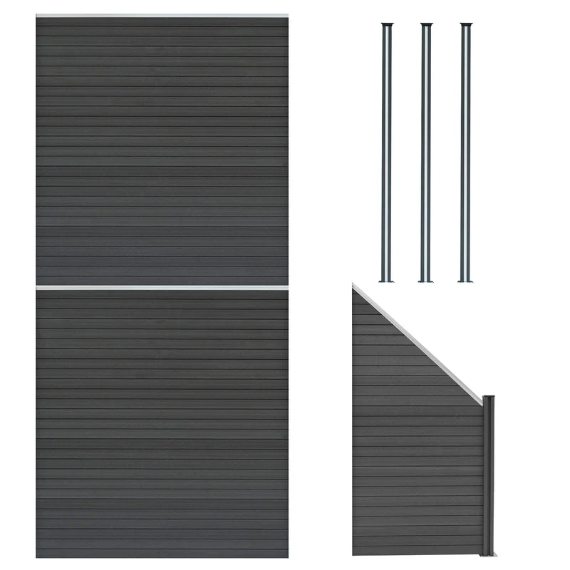 Vallas Para Exteriores De Wpc Y Aluminio - 2x Paneles Cuadrados + 1x Oblicuo + 3x Postes Con Led | Gris
