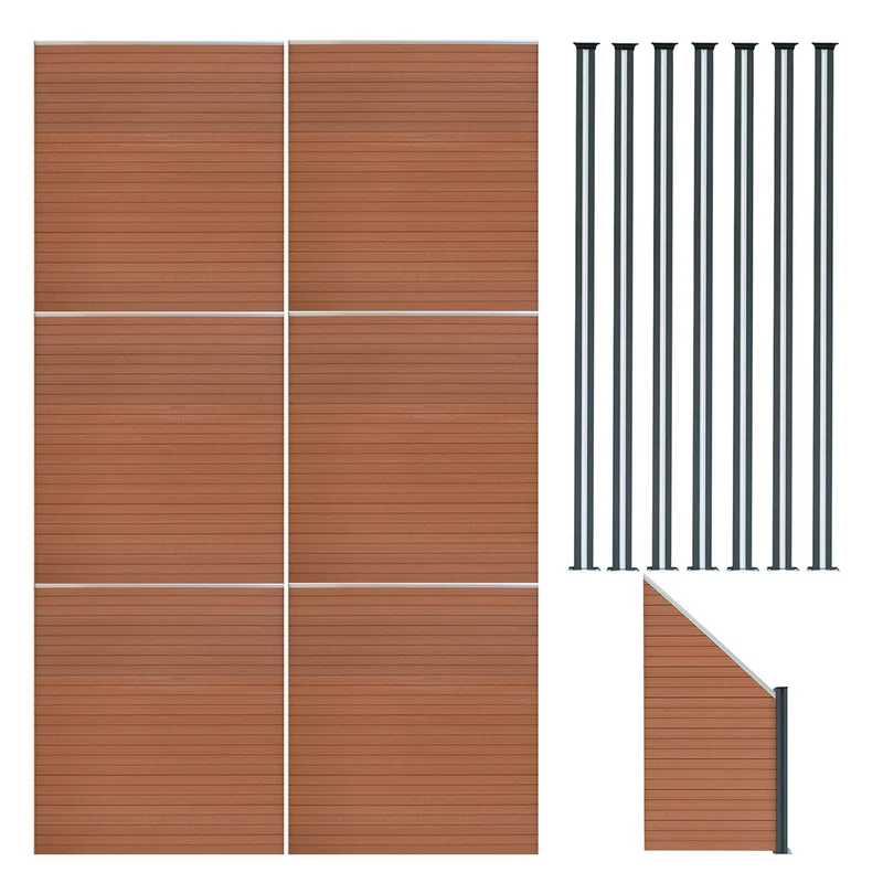 Vallas Para Exteriores De Wpc Y Aluminio - 6x Paneles Cuadrados + 1x Oblicuo + 7x Postes Con Led | Marrón